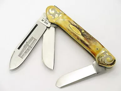 '80 Case XX 5394 Canoe Large 3 Blade Samber Stag Folding Pocket Knife Gold Scroll