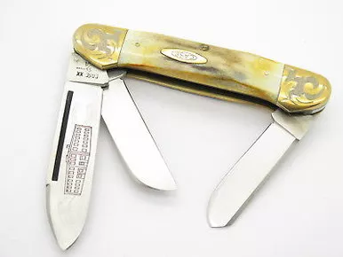 '80 Case XX 5394 Canoe Large 3 Blade Stag Folding Pocket Knife Gold Scroll