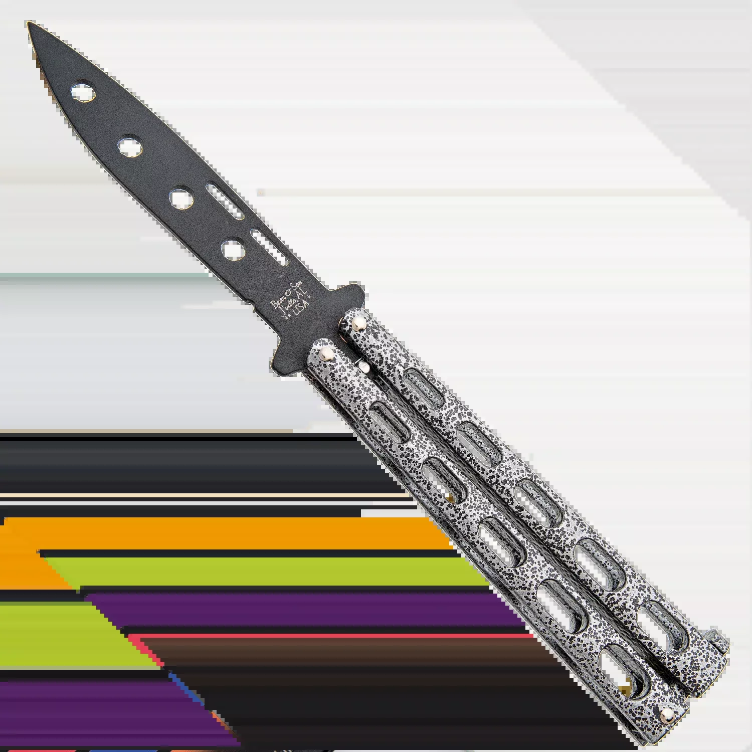 Bear & Son Black Blade and Silver Vein Handle Trainer Butterfly Knife - 115TR