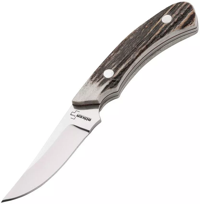 Boker Plus Stag Cross Draw - Authentic Stag Handle Fixed Blade - 440C Satin Upswept Blade - 02BO515