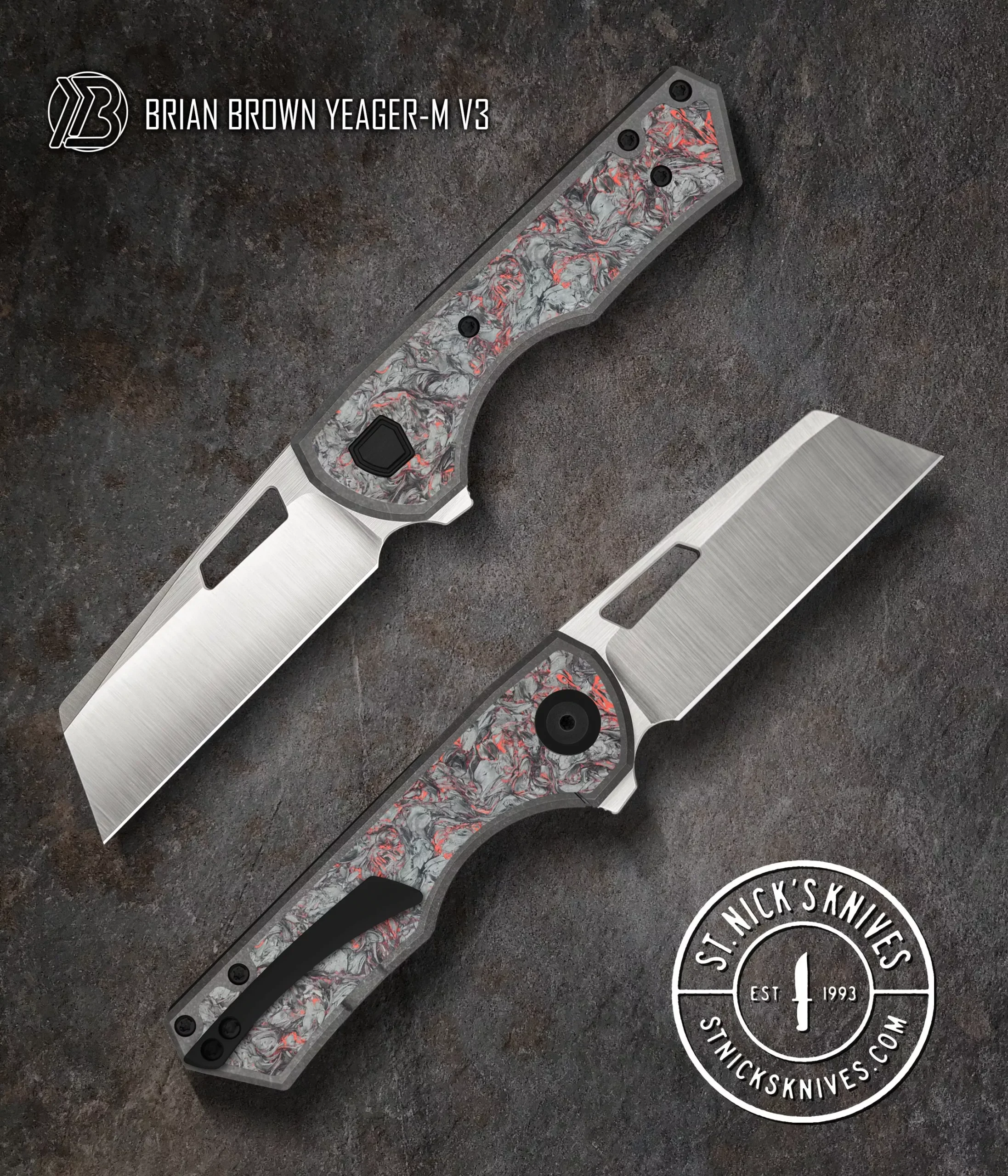 Brian Brown Knives Yeager V3 - St. Nick's Knives Exclusive - M390 Steel - Fat Carbon Red Dark Matter Front Scale - Titanium Handle